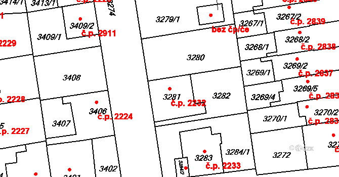 Žižkov 2232, Praha na parcele st. 3281 v KÚ Žižkov, Katastrální mapa