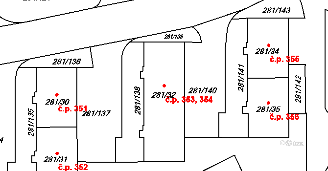 Zličín 353,354, Praha na parcele st. 281/32 v KÚ Zličín, Katastrální mapa