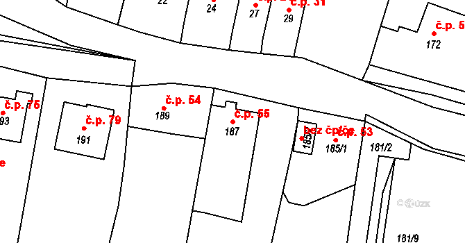 Zahořany 55, Králův Dvůr na parcele st. 187 v KÚ Zahořany u Berouna, Katastrální mapa