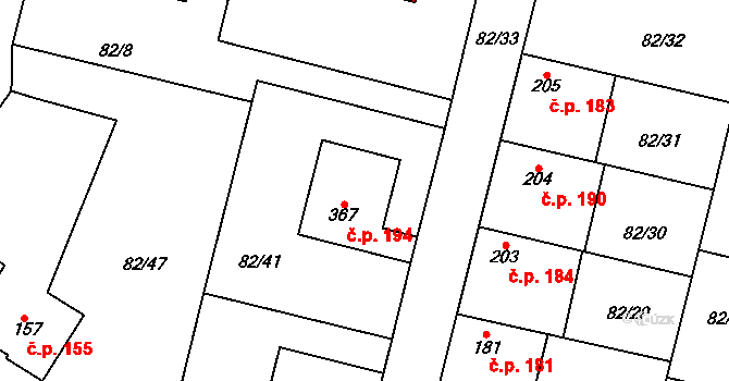 Radim 194 na parcele st. 367 v KÚ Radim u Kolína, Katastrální mapa