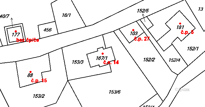 Černý Potok 14, Kryštofovy Hamry na parcele st. 167/1 v KÚ Černý Potok, Katastrální mapa