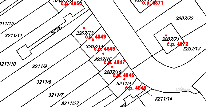 Chomutov 4847 na parcele st. 3207/15 v KÚ Chomutov II, Katastrální mapa