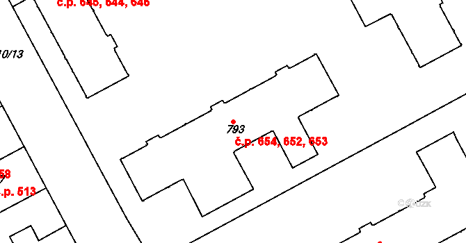 Slezské Předměstí 652,653,654, Hradec Králové na parcele st. 793 v KÚ Slezské Předměstí, Katastrální mapa