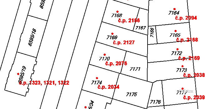 Jižní Předměstí 2076, Plzeň na parcele st. 7170 v KÚ Plzeň, Katastrální mapa