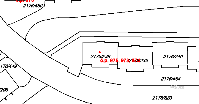 Skvrňany 973,974,975, Plzeň na parcele st. 2176/239 v KÚ Skvrňany, Katastrální mapa