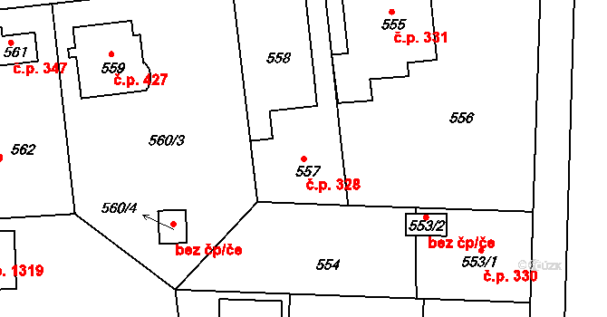 Černice 328, Plzeň na parcele st. 557 v KÚ Bručná, Katastrální mapa