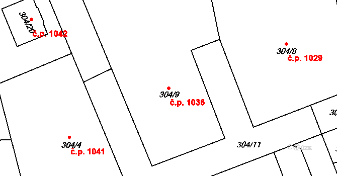 Nivnice 1036 na parcele st. 304/9 v KÚ Nivnice, Katastrální mapa