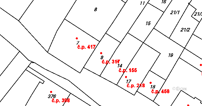 Otnice 317 na parcele st. 9 v KÚ Otnice, Katastrální mapa