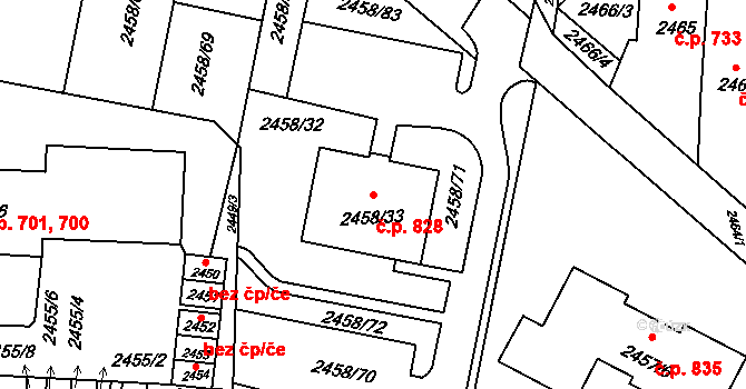 Klobouky u Brna 828 na parcele st. 2458/33 v KÚ Klobouky u Brna, Katastrální mapa
