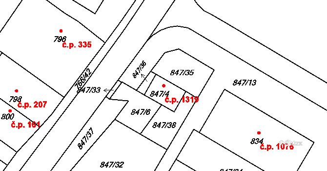 Kopřivnice 1319 na parcele st. 847/4 v KÚ Kopřivnice, Katastrální mapa