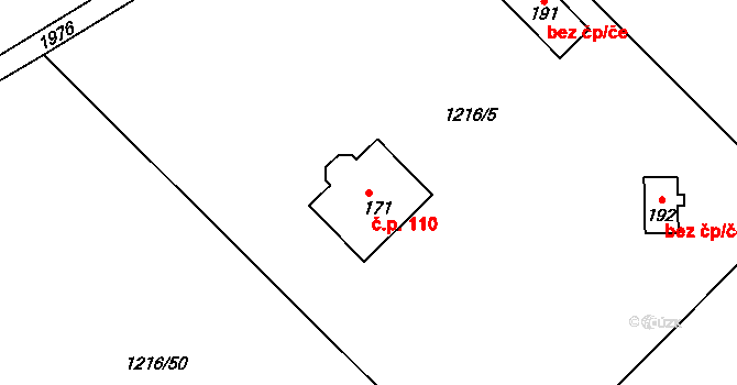 Hořehledy 110, Spálené Poříčí na parcele st. 171 v KÚ Hořehledy, Katastrální mapa