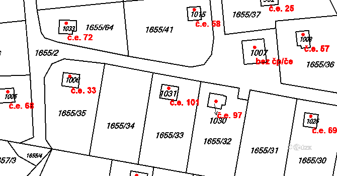 Plácky 101, Hradec Králové na parcele st. 1031 v KÚ Plácky, Katastrální mapa