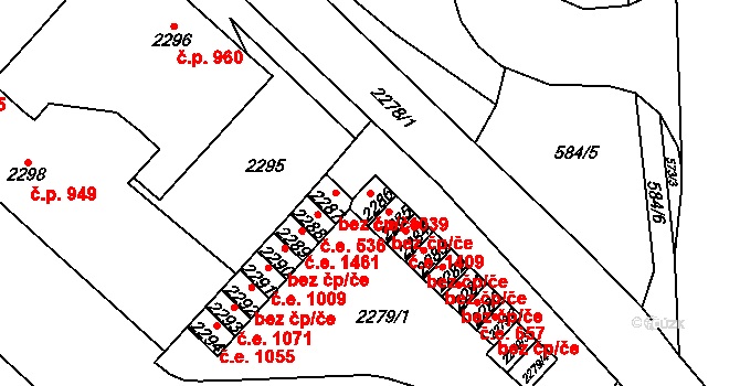 Chomutov 1039 na parcele st. 2286 v KÚ Chomutov I, Katastrální mapa