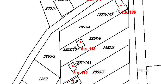 Lužice 113 na parcele st. 2853/104 v KÚ Lužice u Hodonína, Katastrální mapa