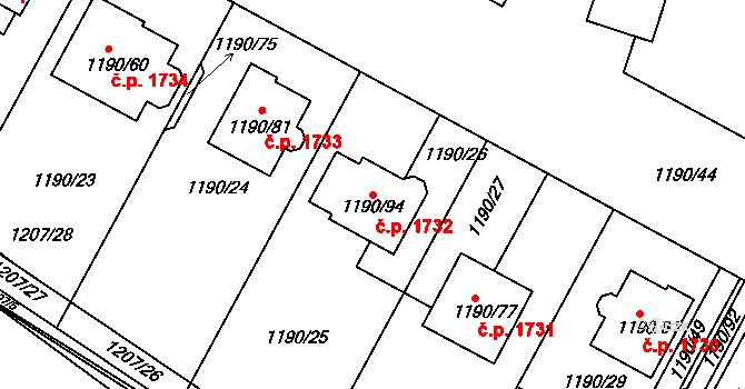 Hostivice 1732 na parcele st. 1190/94 v KÚ Hostivice, Katastrální mapa