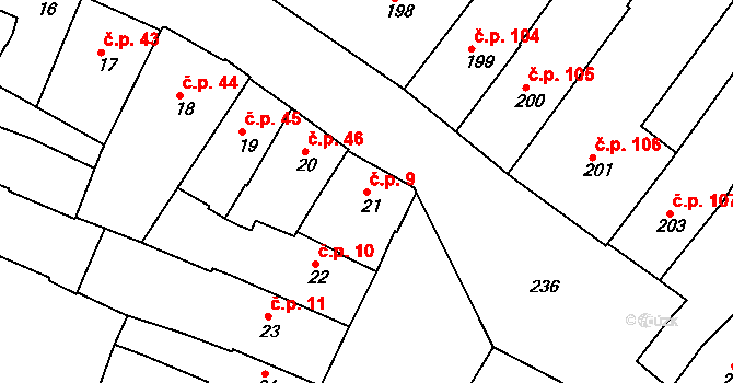 Jemnice 9 na parcele st. 21 v KÚ Jemnice, Katastrální mapa
