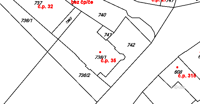 Žďár nad Sázavou 1 35, Žďár nad Sázavou na parcele st. 738/1 v KÚ Město Žďár, Katastrální mapa