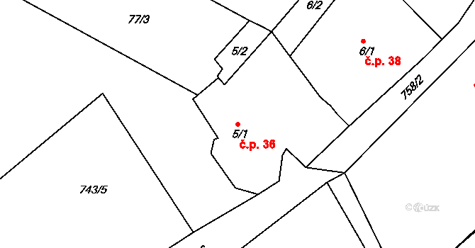 Milíkov 36 na parcele st. 5/1 v KÚ Milíkov u Mariánských Lázní, Katastrální mapa