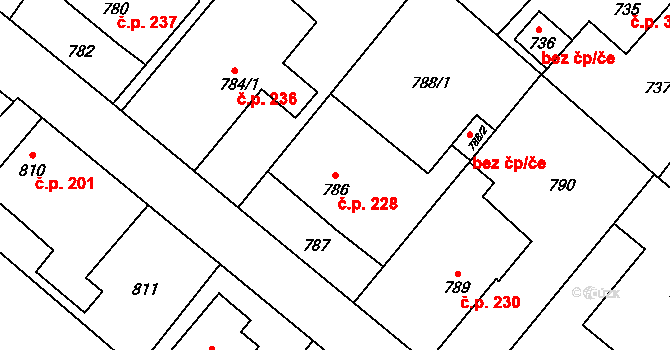 Fryšták 228 na parcele st. 786 v KÚ Fryšták, Katastrální mapa
