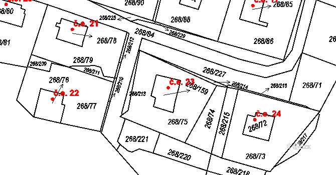 Tušimice 23, Kadaň na parcele st. 268/159 v KÚ Tušimice, Katastrální mapa