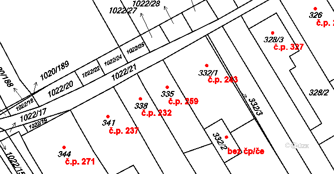 Huštěnovice 259 na parcele st. 335 v KÚ Huštěnovice, Katastrální mapa