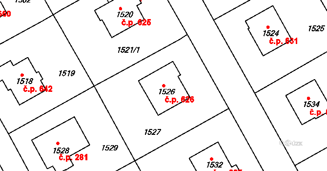 Buchlovice 626 na parcele st. 1526 v KÚ Buchlovice, Katastrální mapa