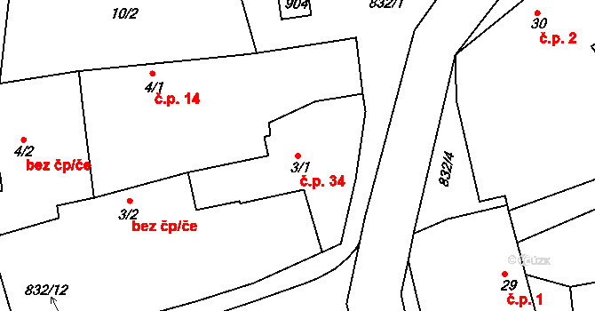 Bor u Chroustovic 34, Rosice na parcele st. 3/1 v KÚ Bor u Chroustovic, Katastrální mapa