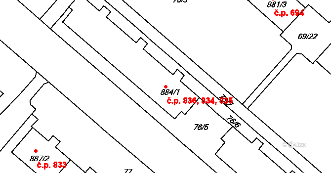 Neratovice 834,835,836 na parcele st. 884/1 v KÚ Neratovice, Katastrální mapa