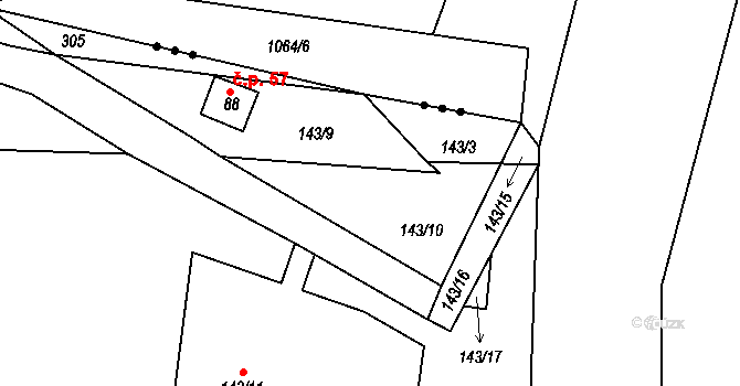Týnec 10, Malý Bor na parcele st. 143/2 v KÚ Týnec u Hliněného Újezdu, Katastrální mapa