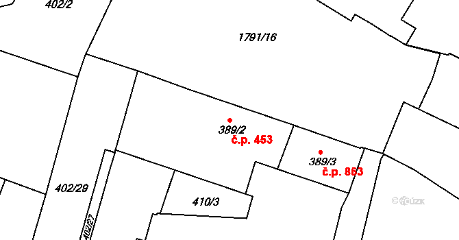 Přelouč 453 na parcele st. 389/2 v KÚ Přelouč, Katastrální mapa
