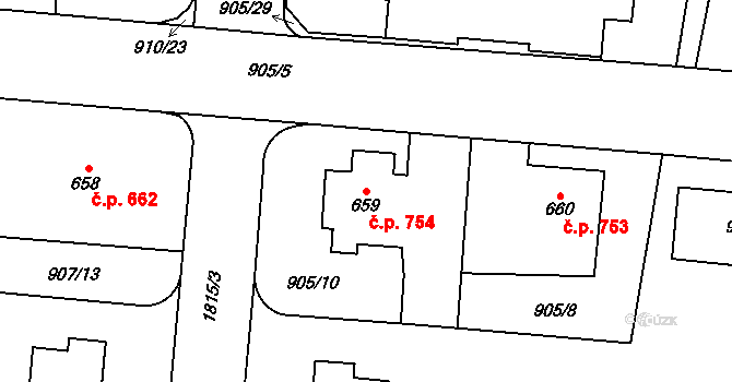 Přelouč 754 na parcele st. 659 v KÚ Přelouč, Katastrální mapa