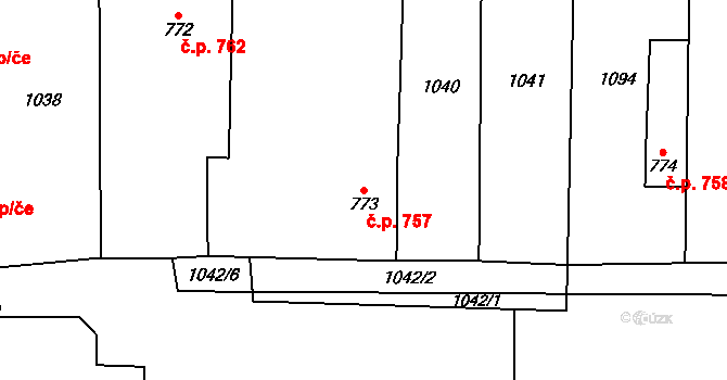 Svítkov 757, Pardubice na parcele st. 773 v KÚ Svítkov, Katastrální mapa