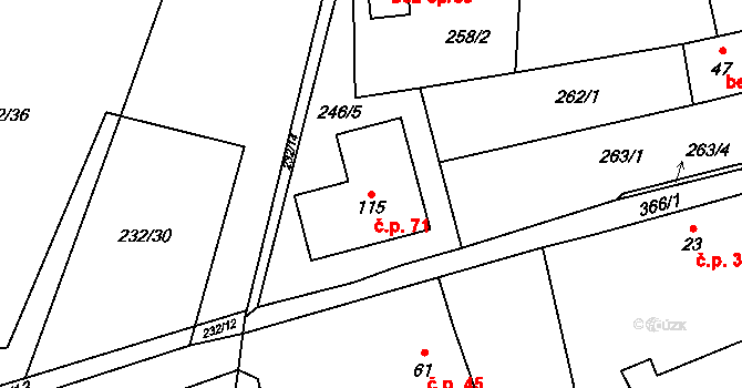 Olší 71 na parcele st. 115 v KÚ Olší u Tišnova, Katastrální mapa