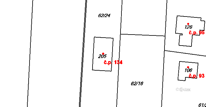 Máslovice 134 na parcele st. 205 v KÚ Máslovice, Katastrální mapa