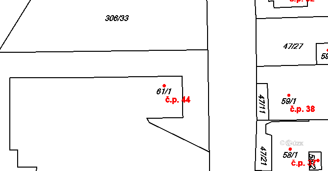Radíčeves 44, Žatec na parcele st. 61/1 v KÚ Radíčeves, Katastrální mapa