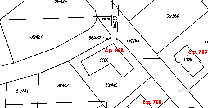 Hovorčovice 928 na parcele st. 1186 v KÚ Hovorčovice, Katastrální mapa