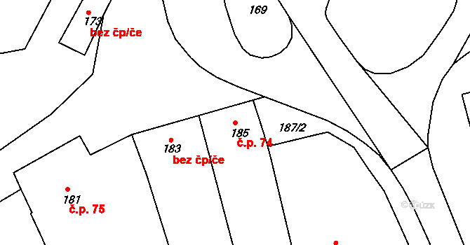 Borkovany 74 na parcele st. 185 v KÚ Borkovany, Katastrální mapa