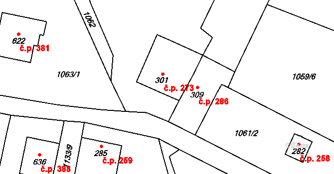 Vranov nad Dyjí 273 na parcele st. 301 v KÚ Vranov nad Dyjí, Katastrální mapa