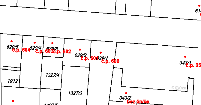 Nymburk 600 na parcele st. 629/1 v KÚ Nymburk, Katastrální mapa