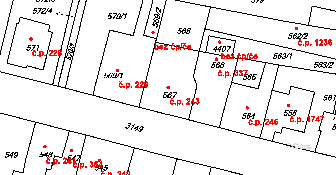 Čelákovice 243 na parcele st. 567 v KÚ Čelákovice, Katastrální mapa