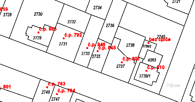 Čelákovice 845 na parcele st. 2735 v KÚ Čelákovice, Katastrální mapa