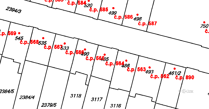 Kyjov 564 na parcele st. 485 v KÚ Kyjov, Katastrální mapa