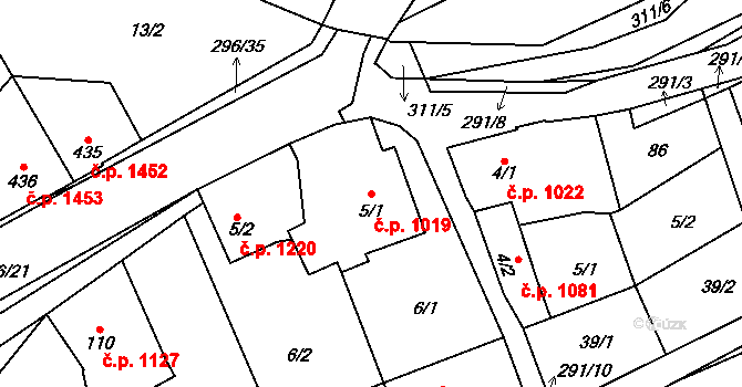 Švermov 1019, Kladno na parcele st. 5/1 v KÚ Hnidousy, Katastrální mapa
