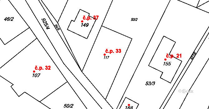 Hoděmyšl 33, Sedlice na parcele st. 117 v KÚ Hoděmyšl, Katastrální mapa