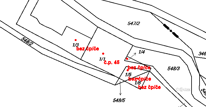 Přečín 45, Vacov na parcele st. 1/1 v KÚ Přečín, Katastrální mapa