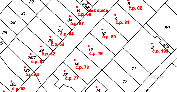 Bystřany 79 na parcele st. 13 v KÚ Bystřany, Katastrální mapa