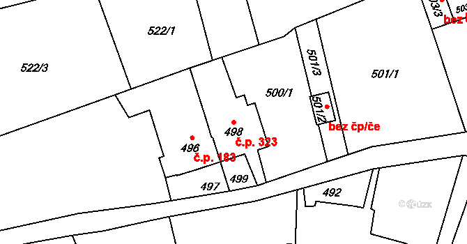 Pudlov 323, Bohumín na parcele st. 498 v KÚ Pudlov, Katastrální mapa