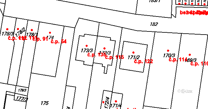 Dolní Heršpice 115, Brno na parcele st. 172/3 v KÚ Dolní Heršpice, Katastrální mapa