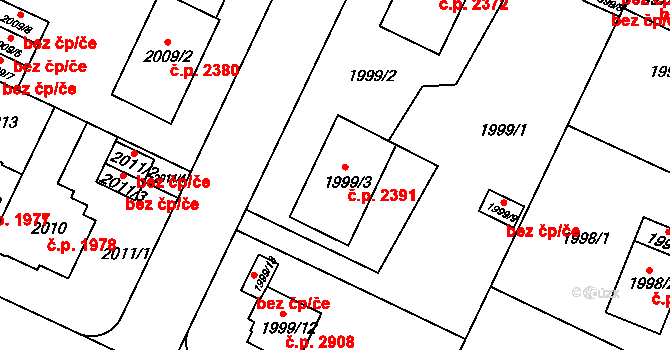 Teplice 2391 na parcele st. 1999/3 v KÚ Teplice, Katastrální mapa