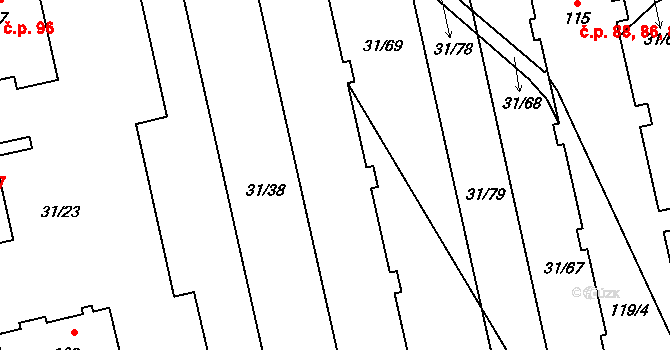Klášterní Hradisko 91,92,93,94,95, Olomouc na parcele st. 114 v KÚ Klášterní Hradisko, Katastrální mapa